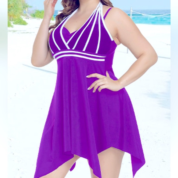 Hanna Nikole Halter Swimdress Two Piece Tankini Swimsuits Purple Sz 2X - Picture 1 of 6